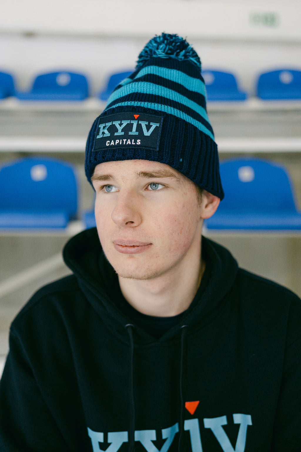 Navy Striped Hat with Pompom