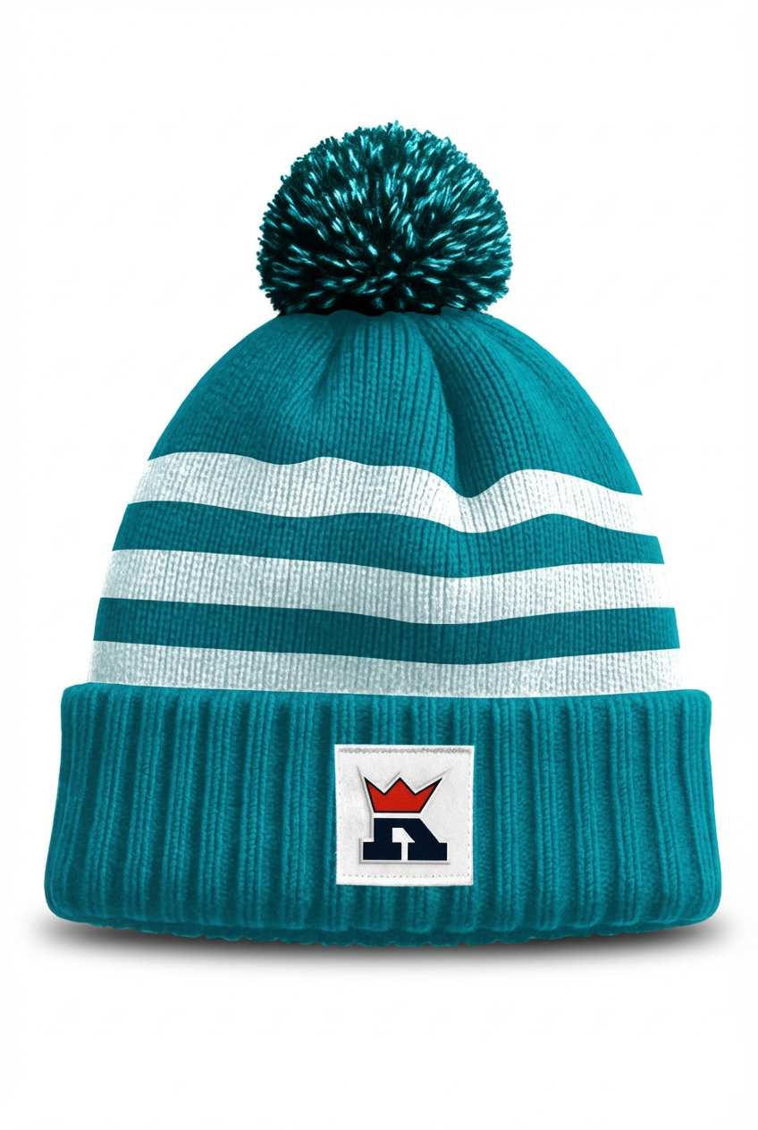Aqua Blue Striped Hat with Pompom