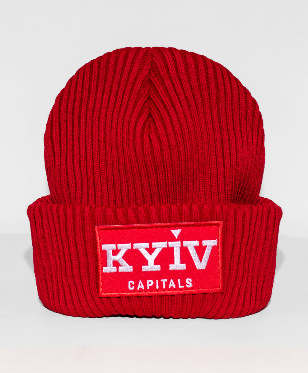 Яскраво-червона в'язана шапка в рубчик "Київ Кепіталз"