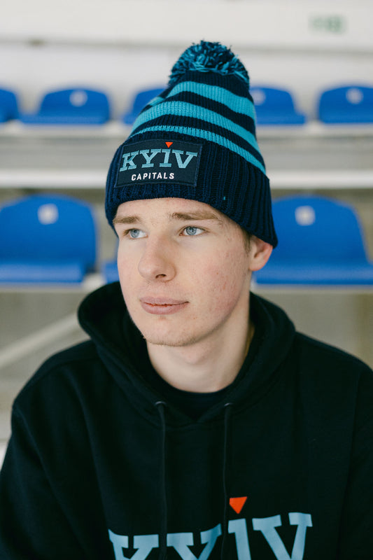 Navy Striped Hat with Pompom