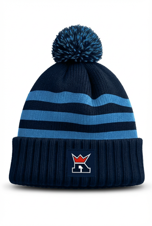 Темно-синя смугаста шапка з помпоном